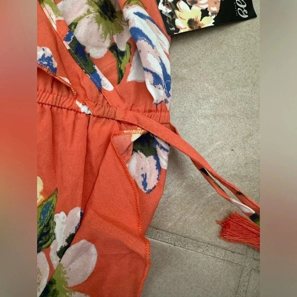 HINT OF BLUSH CORAL FLORAL PRINT OFF THE SHOULDER FAUX WRAP RUFFLE MAXI DRESS L - Picture 14 of 16